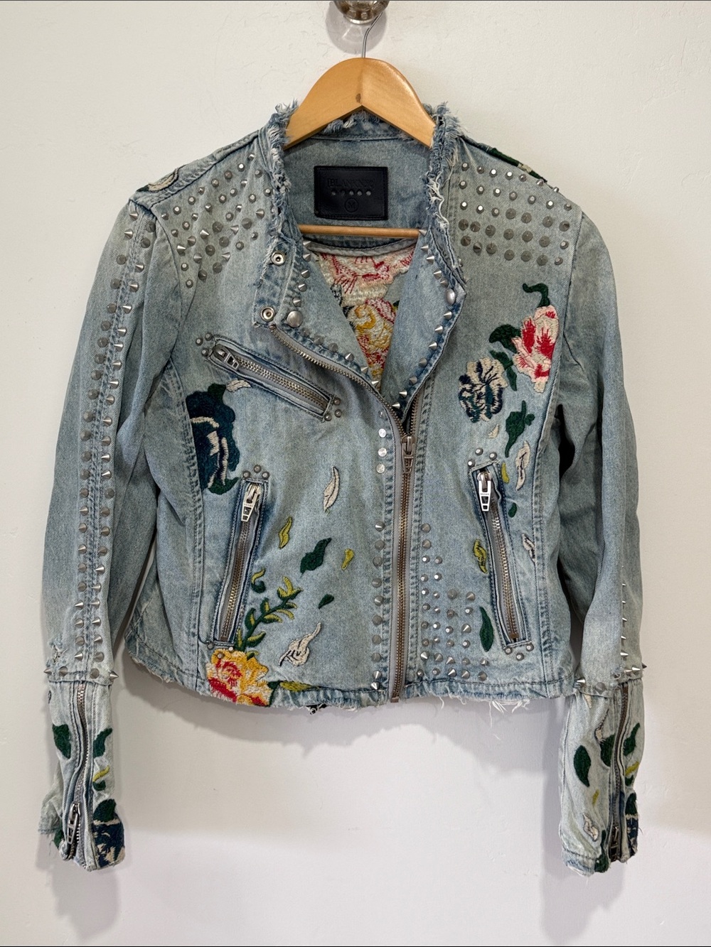 Distressed Light Blue Embroidered Denim Moto Jacket with Studs